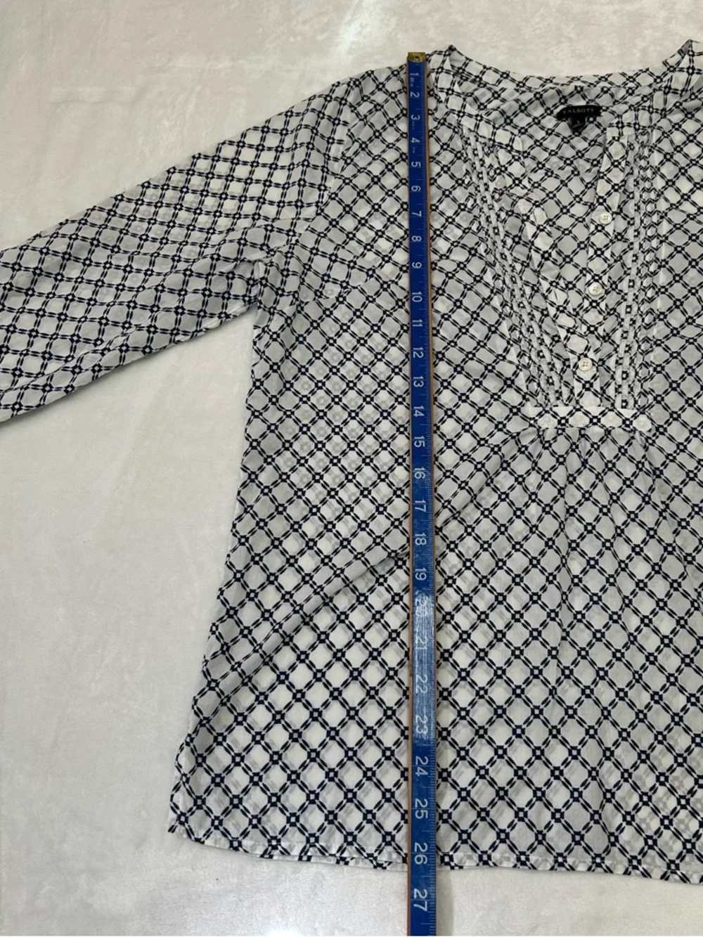 Talbots Geometric Print Blouse White Navy Size Large